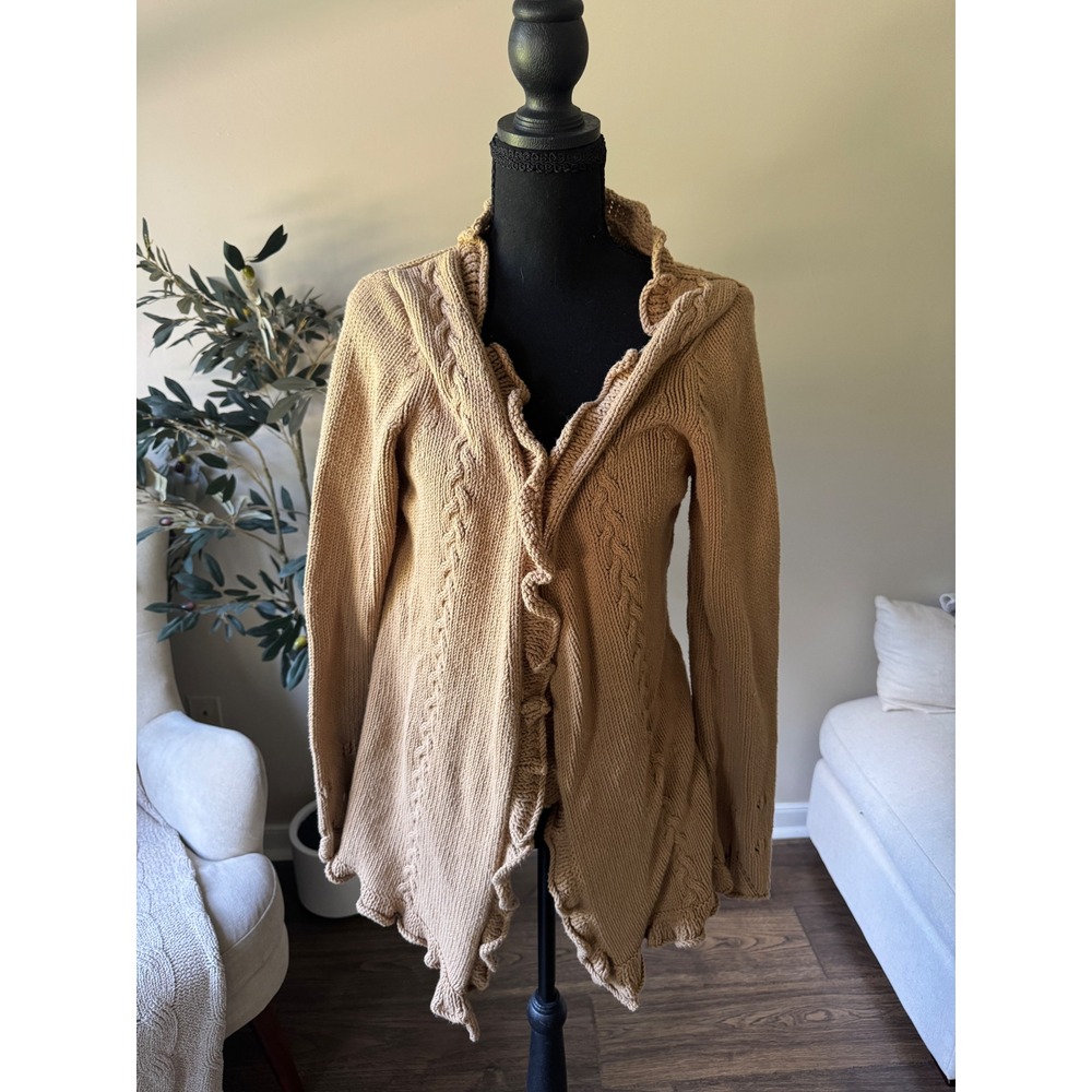 Max Studio Tan Ruffle Trim Cable Knit Open Front Cardigan Sweater Medium